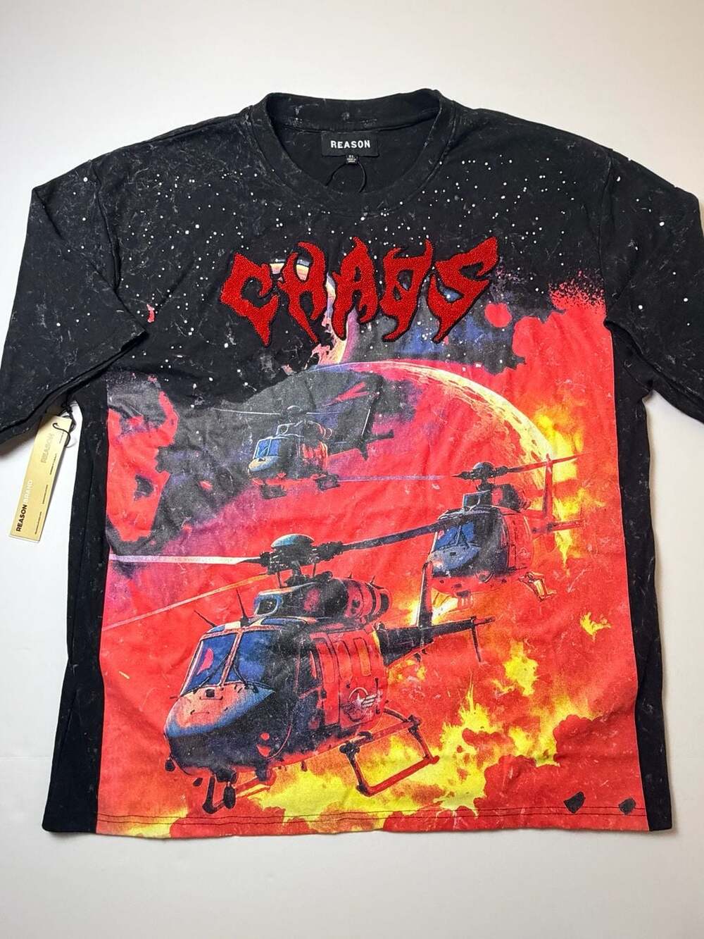 Reason NWT CHAOS Graphic Tee Helicopter Fire Acid Wash Black Streetwear Shirt XL